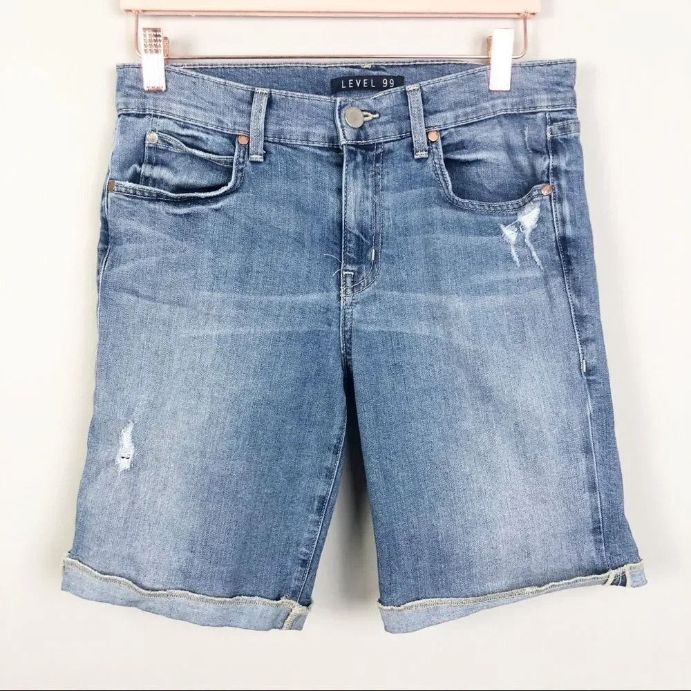 ANTHROPOLOGIE | LEVEL 99 Bermuda Length Denim Jean Shorts Women’s Waist Size 27 - Picture 2 of 9